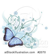 Vector Illustration of a Blue Morpho Peleides Butterfly with Hibiscus Flowers and Vines by AtStockIllustration