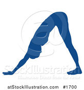 Vector Illustration of a Blue Silhouetted Woman in the Adho Mukha Svanasana, or Downward-Facing Dog Lotus Pose by AtStockIllustration