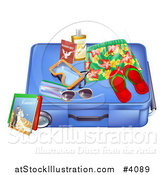 Vector Illustration of a Blue Suitcase with Travel Items and a Passport by AtStockIllustration