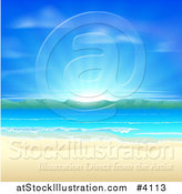 Vector Illustration of a Blue Sunrise over a Beach with White Sands, Mountains and Blue Water by AtStockIllustration