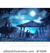 Vector Illustration of a Blue Toned Nativity Scene the Magi Wise Men, Star of David, Baby Jesus, Mary and Joseph by AtStockIllustration