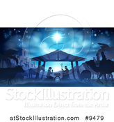 Vector Illustration of a Blue Toned Nativity Scene with Animals, Wise Men, the City of Bethlehem and Star of David by AtStockIllustration