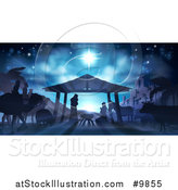 Vector Illustration of a Blue Toned Nativity Scene with Animals, Wise Men, the City of Bethlehem and Star of David by AtStockIllustration