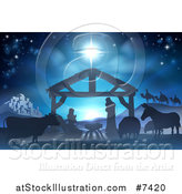 Vector Illustration of a Blue Toned Nativity Scene with the Animals and Wise Men in the Distance and the City of Bethlehem by AtStockIllustration