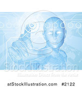 Vector Illustration of a Blue Virtual Man Pushing a Button on a Map Screen by AtStockIllustration