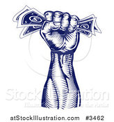 Vector Illustration of a Blue Woodcut Revolutionary Fist Holding Money by AtStockIllustration