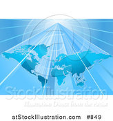 Vector Illustration of a Blue World Map over a Lighter Blue Background with Bright Beams of Light by AtStockIllustration