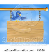 Vector Illustration of a Bluebird Perched on and Presenting a Hanging Wood Sign Against a Sky by AtStockIllustration