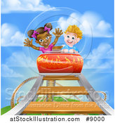 Vector Illustration of a Boy and Girl on a Roller Coaster Ride, Against a Blue Sky with Clouds by AtStockIllustration