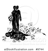 Vector Illustration of a Bride and Groom Posing with Swirls - Black and White Silhouetted Design by AtStockIllustration