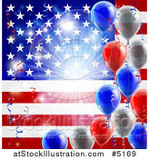Vector Illustration of a Bright Burst over an American Flag and Fourth of July Balloons by AtStockIllustration