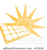 Vector Illustration of a Bright Orange Sun Behind a Solar Panel Photovoltaics Cell by AtStockIllustration