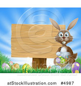 Vector Illustration of a Brown Bunny by a Posted Wood Sign with a Basket, Grass and Easter Eggs by AtStockIllustration