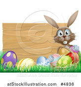 Vector Illustration of a Brown Bunny by a Wood Sign with Grass and Easter Eggs by AtStockIllustration