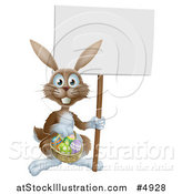 Vector Illustration of a Brown Bunny Holding a Sign and Easter Basket by AtStockIllustration