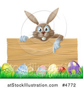 Vector Illustration of a Brown Bunny over a Wood Sign and Easter Eggs by AtStockIllustration
