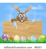 Vector Illustration of a Brown Bunny Pointing down to a Wood Sign with Grass and Easter Eggs Against Blue Sky by AtStockIllustration