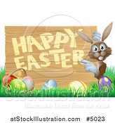 Vector Illustration of a Brown Bunny Pointing to a Happy Easter Sign, with Easter Eggs in Grass by AtStockIllustration
