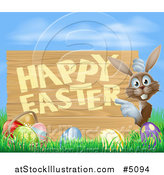 Vector Illustration of a Brown Bunny Pointing to a Happy Easter Sign, with Easter Eggs in Grass by AtStockIllustration