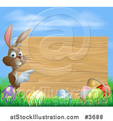 Vector Illustration of a Brown Bunny Pointing to a Wood Sign over Easter Eggs by AtStockIllustration