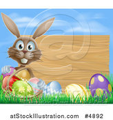 Vector Illustration of a Brown Bunny Rabbit with a Basket and Easter Eggs by a Wooden Sign Under a Blue Sky by AtStockIllustration