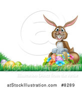 Vector Illustration of a Brown Bunny Rabbit with a Basket and Easter Eggs in Grass, with Text Space by AtStockIllustration