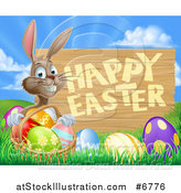 Vector Illustration of a Brown Bunny Rabbit with a Basket of Eggs in the Grass, a Happy Easter Sign Against a Sunrise by AtStockIllustration