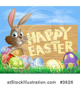 Vector Illustration of a Brown Bunny with a Basket and Easter Eggs in Grass, by a Happy Easter Sign and Blue Sky by AtStockIllustration