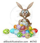 Vector Illustration of a Brown Bunny with Easter Eggs and a Basket by AtStockIllustration
