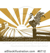 Vector Illustration of a Brown Crowing Rooster on a Post Against a Sunrise over a Farm House by AtStockIllustration