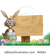 Vector Illustration of a Brown Easter Bunny by a Wood Sign, with Eggs and a Basket by AtStockIllustration