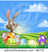 Vector Illustration of a Brown Easter Bunny Rabbit with a Basket of Eggs on a Hill at Sunrise by AtStockIllustration