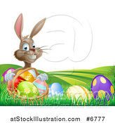 Vector Illustration of a Brown Easter Bunny Rabbit with a Basket of Eggs on a Hill by AtStockIllustration