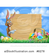 Vector Illustration of a Brown Easter Bunny Rabbit with Eggs and a Basket, Pointing Around a Blank Wood Sign Against Sky by AtStockIllustration