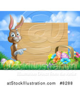 Vector Illustration of a Brown Easter Bunny Rabbit with Eggs and a Basket, Pointing Around a Blank Wood Sign Against Sky by AtStockIllustration