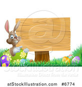 Vector Illustration of a Brown Easter Bunny Rabbit with Eggs, Pointing to a Blank Wood Sign by AtStockIllustration