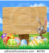 Vector Illustration of a Brown Easter Bunny Rabbit with Eggs, Sitting in a Shell by a Basket and Blank Wood Sign Against Sky by AtStockIllustration