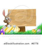 Vector Illustration of a Brown Easter Bunny Rabbit with Eggs, Sitting in a Shell by a Blank Wood Sign by AtStockIllustration