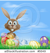 Vector Illustration of a Brown Easter Bunny with a Basket and Eggs in Grass, over Sky by AtStockIllustration