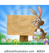 Vector Illustration of a Brown Easter Bunny with Eggs and a Wooden Sign by AtStockIllustration