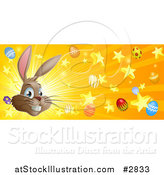 Vector Illustration of a Brown Easter Bunny with Stars Eggs and Rays by AtStockIllustration