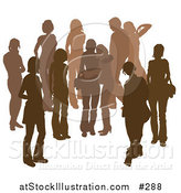 Vector Illustration of a Brown Group of Silhouetted People Hanging out in a Crowd, Two Friends Embracing in the Middle by AtStockIllustration