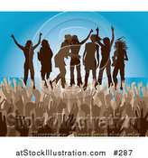 Vector Illustration of a Brown Group of Silhouetted Women Raising Their Arms and Celebrating on Stage at a Concert by AtStockIllustration