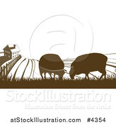 Vector Illustration of a Brown Silhouetted Farm House with Sheep and Fields by AtStockIllustration