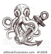 Vector Illustration of a Brown Woodblock Octopus and Anchor by AtStockIllustration