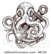 Vector Illustration of a Brown Woodblock Octopus and Anchor by AtStockIllustration