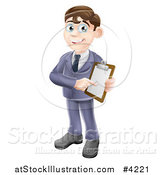 Vector Illustration of a Brunette Businessman Pointing to and Holding a Clipboard by AtStockIllustration