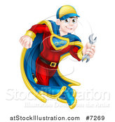 Vector Illustration of a Brunette Caucasian Male Super Hero Mechanic Running with a Wrench by AtStockIllustration