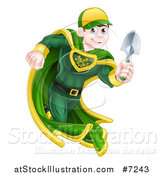 Vector Illustration of a Brunette Caucasian Male Super Hero Running with a Garden Trowel by AtStockIllustration