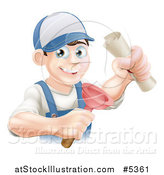 Vector Illustration of a Brunette Male Plumber Holding a Certificate and Plunger by AtStockIllustration